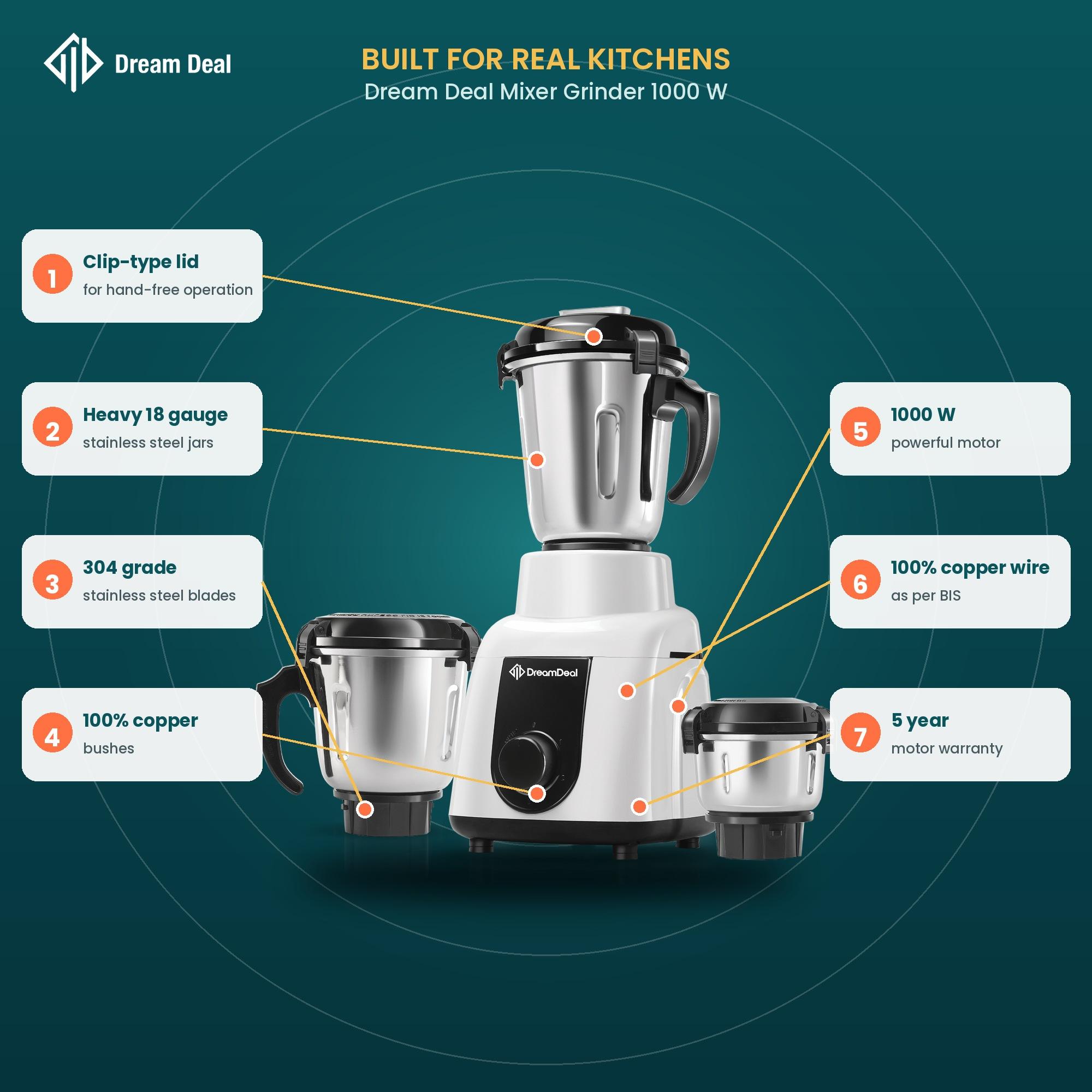 3Jar Mixer Grinder 1000W Black White