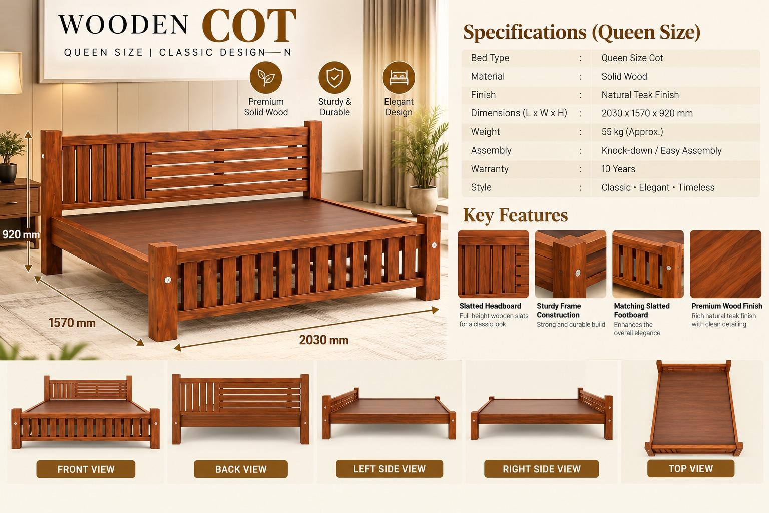 Solid Wood Queen Cot With Head Board Upholstery