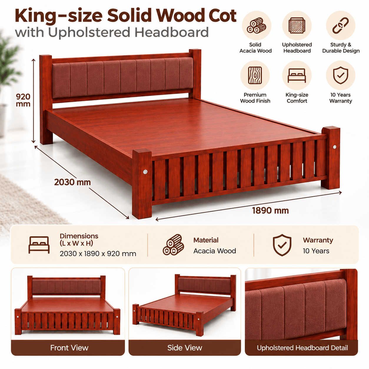 Solid Wood King Cot With Head Board Upholstery